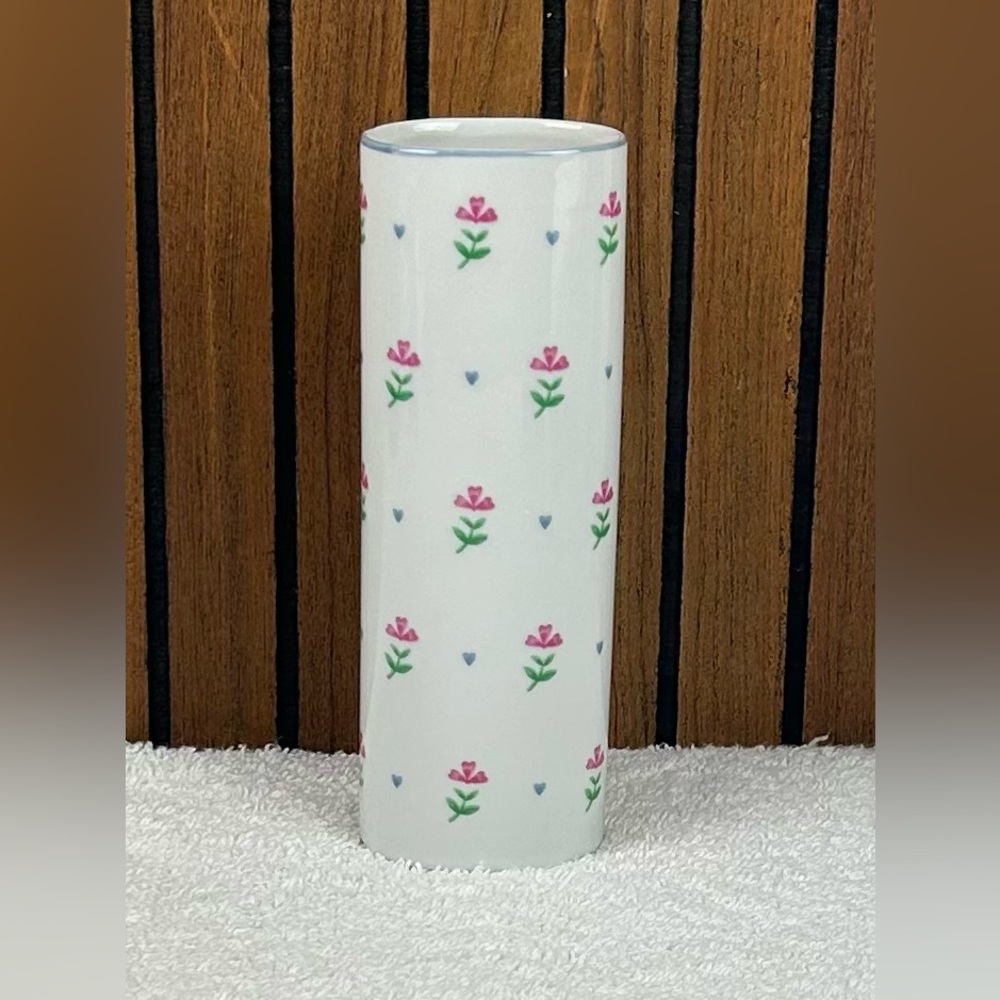 VTG Porcelain Vase for FTD with Pink Flowers and Blue Hearts